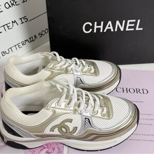 CHANEL White and Gold Women's Sneakers